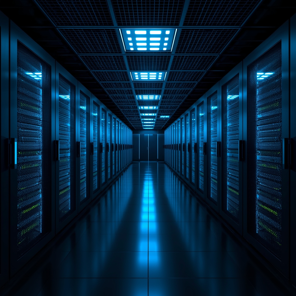 A high-tech data center with glowing server racks stretching into the distance with blue and cyan lighting